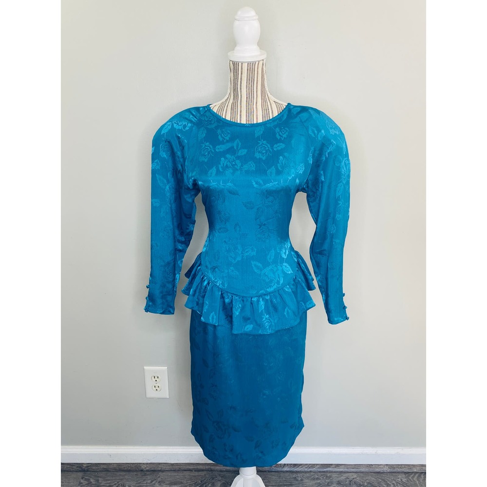 Vintage Justine Todd Floral Jacquard Peplum Sheath Dress Size 8 Cocktail Event